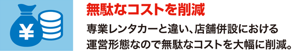 無駄なコストを削減 専業レンタカーと違い、店舗併設における運営形態なので無駄なコストを大幅に削減。